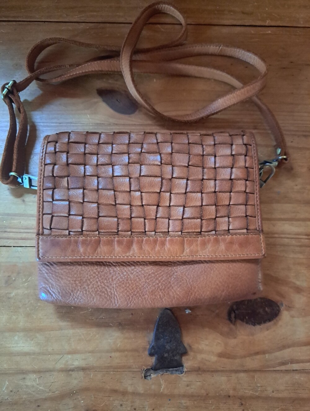 Genuine Leather Woven Crossbody Bag Cognac Brown Foldover Basket Weave Boho